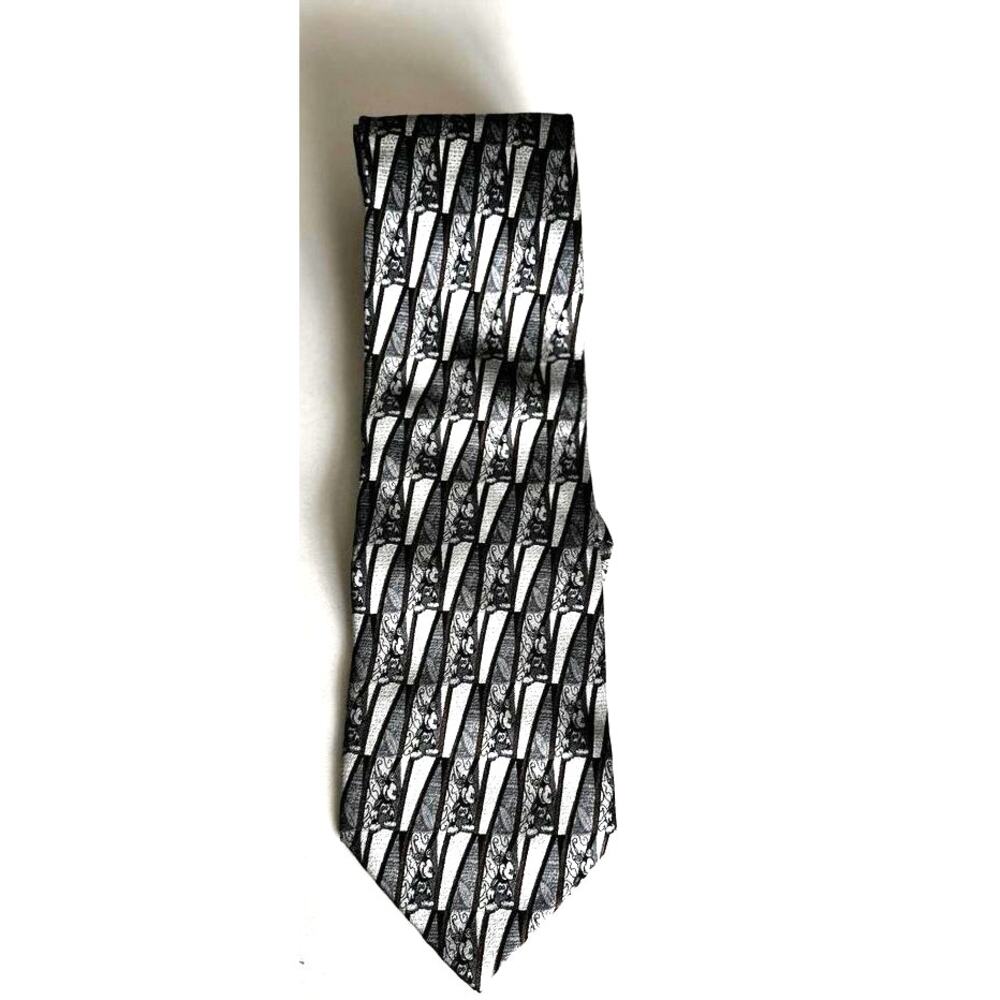 Vintage Disney Mickey Mouse 100% Silk Tie Gray Geometric Pattern WDW Retro